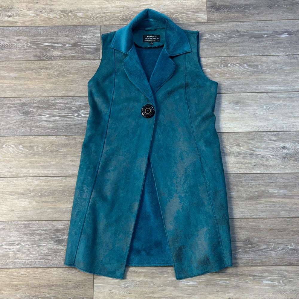 MontanaCo Faux Suede Vest Long Sz L Teal Western Rancher Boho Lagenlook Artsy